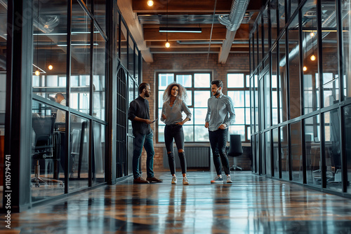 Three confident business people standing and having discussion while working in the office with glass partitions together