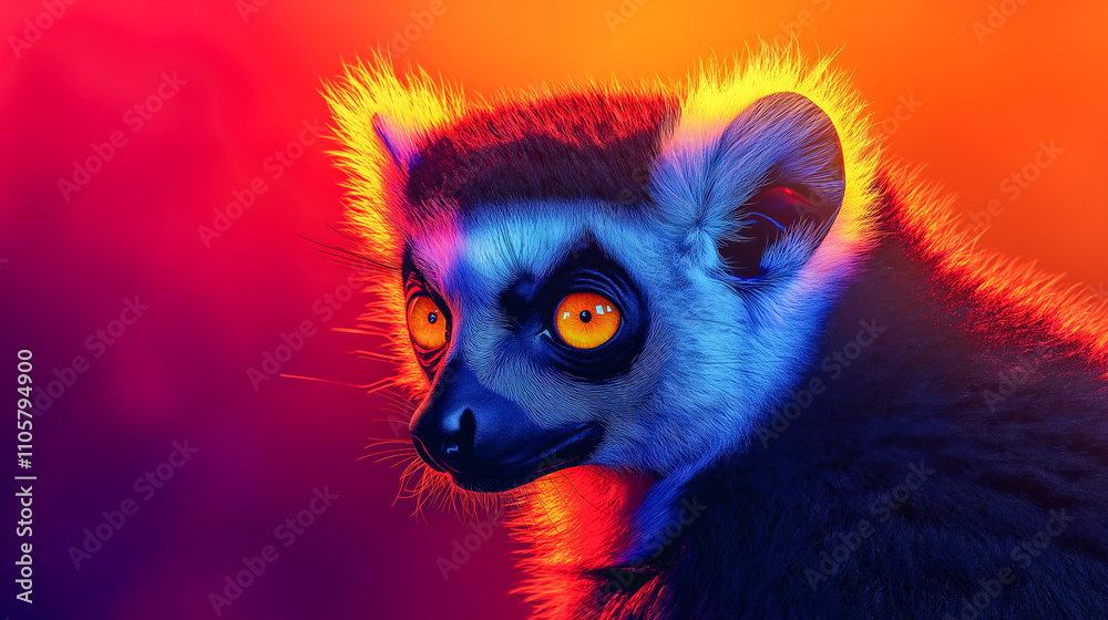 This striking image captures the vivid colors of a lemurs face, illuminated in stunning neon hues. A true showcase of natures beauty and creativity. This striking image captures the vivid colors of a lemurs face, illuminated in stunning neon hues. A true showcase of natures beauty and creativity.