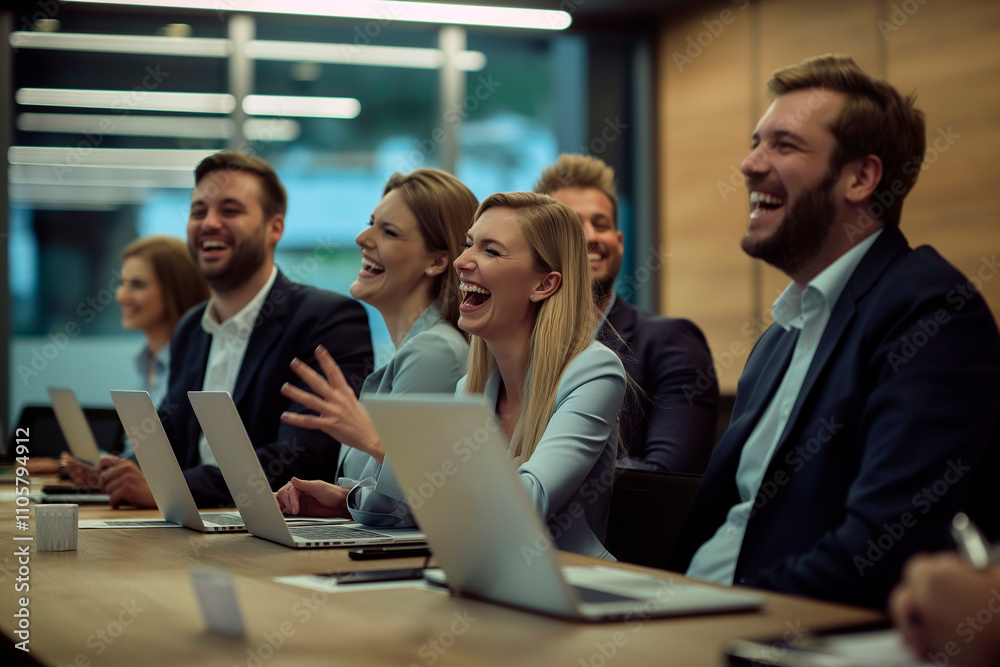 Group of laughing businesspeople, company business partners enjoy talk seated at desk in modern conference room Group of laughing businesspeople, company business partners enjoy talk seated at desk in modern conference room