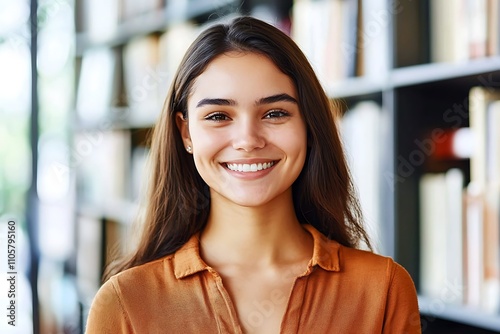Free Download Cheerful College Student Posing for a Portrait in the Library - GFXLoad