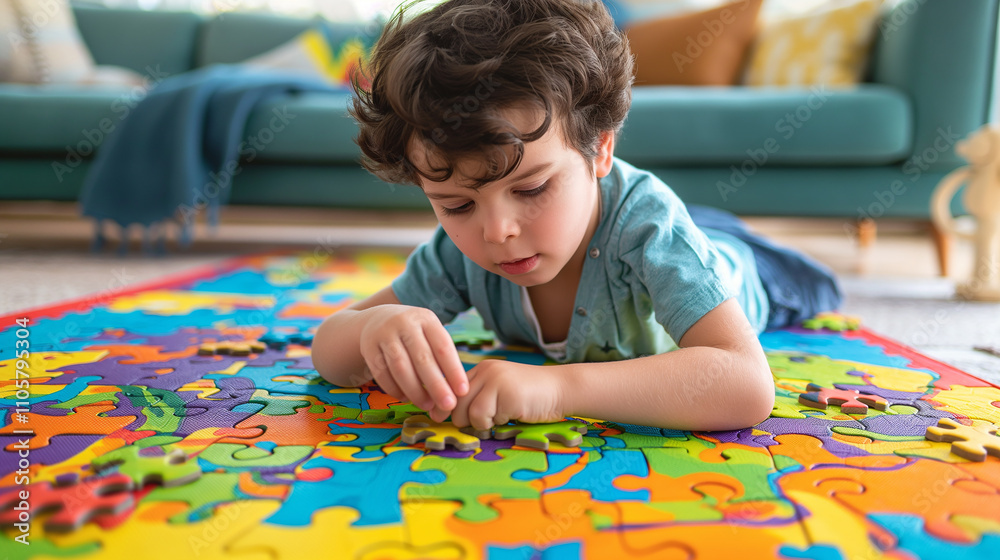 A child deeply engaged in a puzzle on a colorful play mat in the living room A child deeply engaged in a puzzle on a colorful play mat in the living room