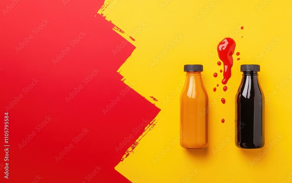 A high-resolution flat lay photograph with a red and yellow background featuring a mustard bottle, a ketchup bottle, and a sauce splatter placed on the right side. A high-resolution flat lay photograph with a red and yellow background featuring a mustard bottle, a ketchup bottle, and a sauce splatter placed on the right side.
