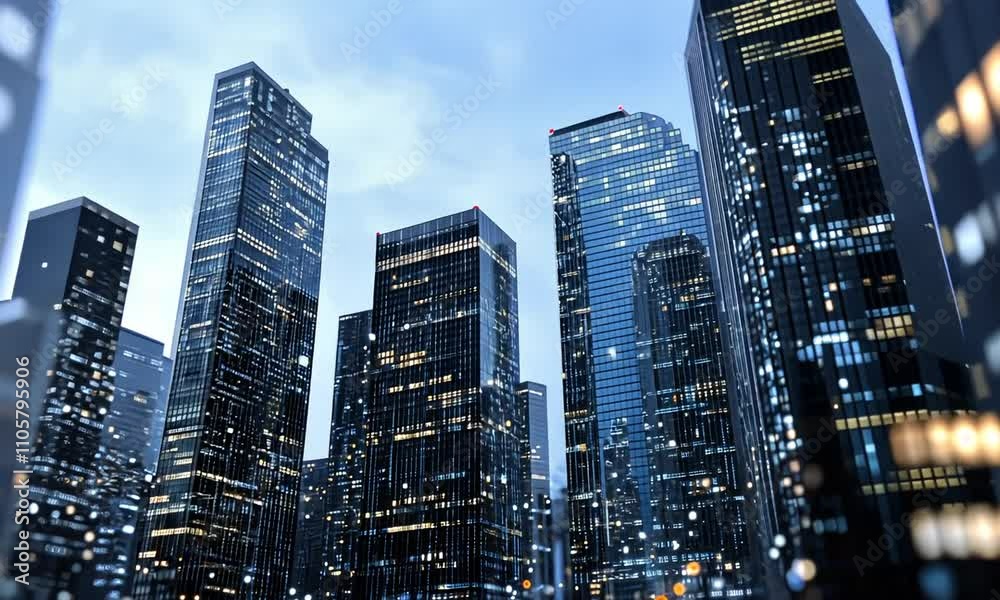 Dusk settles over a bustling city, highlighting the glowing windows of tall skyscrapers and creating a dynamic urban landscape Dusk settles over a bustling city, highlighting the glowing windows of tall skyscrapers and creating a dynamic urban landscape
