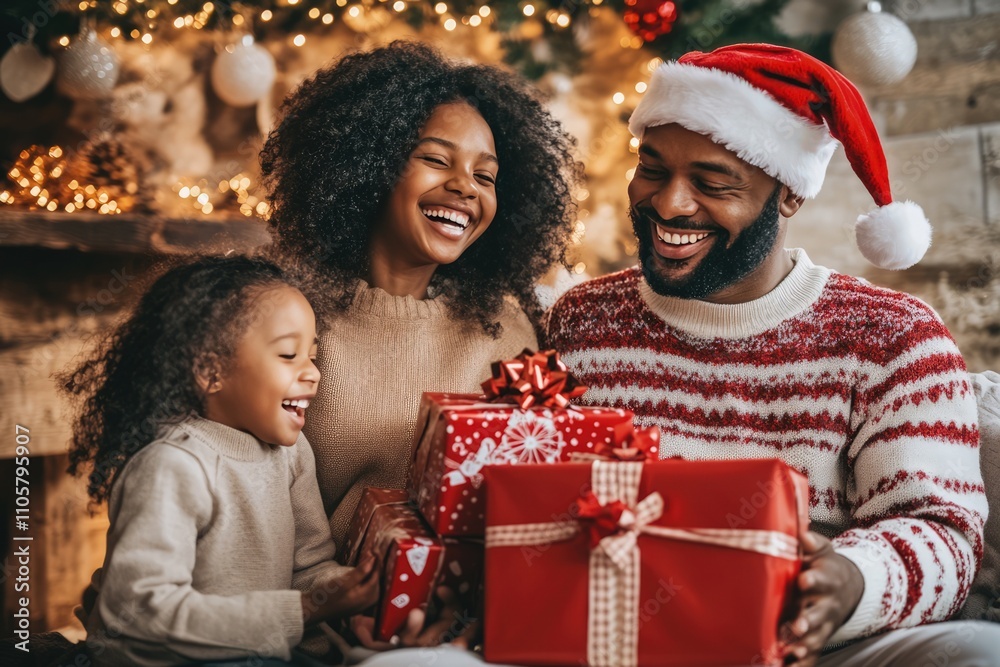 African family celebrating christmas with gifts and laughter, opening presents. African family celebrating christmas with gifts and laughter, opening presents.