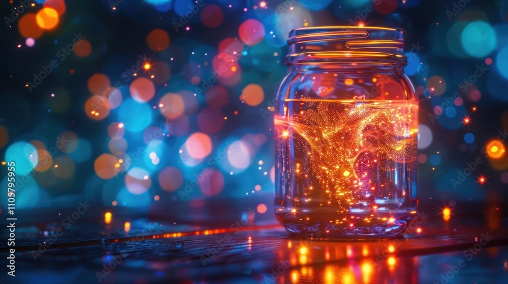Glowing fireflies trapped in a mason jar on a wooden surface with bokeh lights. Glowing fireflies trapped in a mason jar on a wooden surface with bokeh lights.