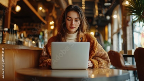 Young woman in café working on laptop, focused in cozy environment