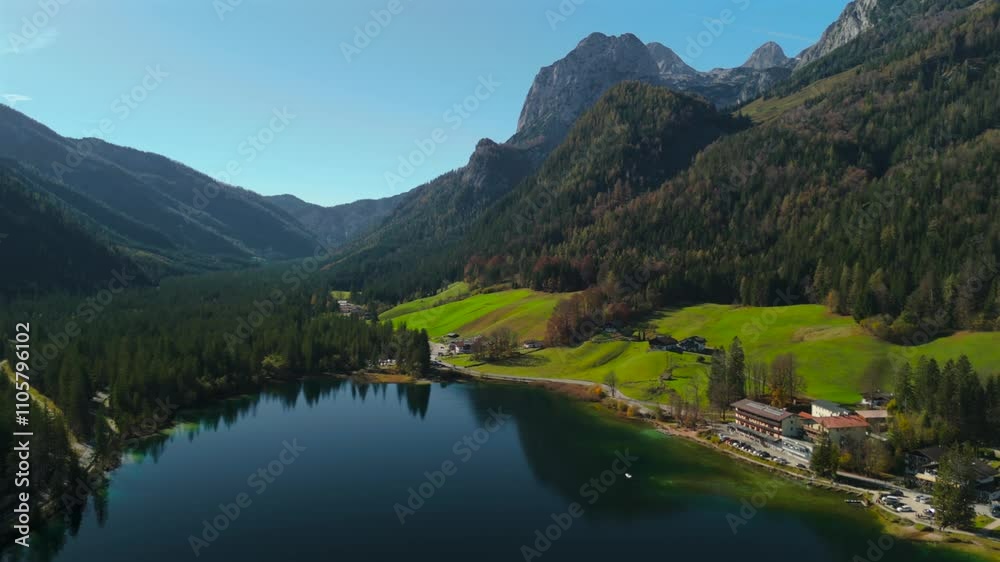 Hintersee bei Ramsau Luftaufnahme im Herbst in Deutschland, Bayern. Ramsauer Ache fruher Ferchensee oder Forchensee grosser See in der Gemeinde Ramsau im Berchtesgadener Land in Germany, Bavaria. Hintersee bei Ramsau Luftaufnahme im Herbst in Deutschland, Bayern. Ramsauer Ache fruher Ferchensee oder Forchensee grosser See in der Gemeinde Ramsau im Berchtesgadener Land in Germany, Bavaria.