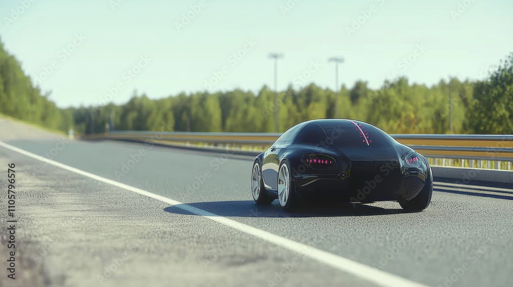 Futuristic Black Car Driving on an Open Highway Surrounded by Lush Green Forests Under Clear Blue Skies with Modern Road Infrastructure and Dynamic Atmosphere Futuristic Black Car Driving on an Open Highway Surrounded by Lush Green Forests Under Clear Blue Skies with Modern Road Infrastructure and Dynamic Atmosphere