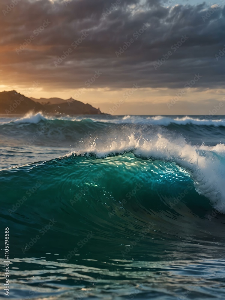 Naklejka premium Colorful ocean waves forming barrels for surfing.