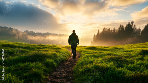 Serene Stroll Through Lush Green Field at Sunrise With Misty Forest in the Background