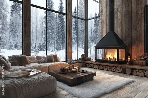 Cozy Winter Cabin Living Room Fireplace View