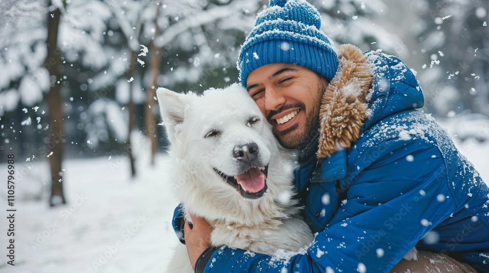Smiling Man Enjoying a Snowy Day with His Fluffy White Dog. Concept of Winter Companionship, Joyful Moments, Pet Friendship, Seasonal Adventure