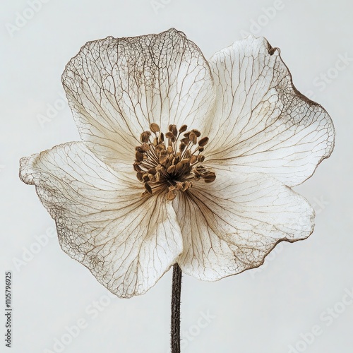 White background, front view of a dried white flower with brown stamens and brown lace-like structures