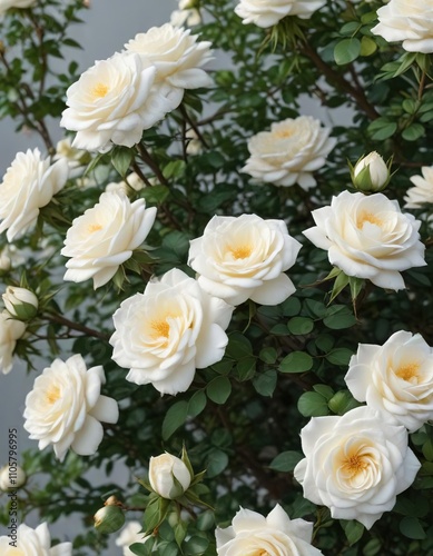 Vibrant white rose bush with a mix of open and closed blossoms, varied stages, garden bed, growth, mix