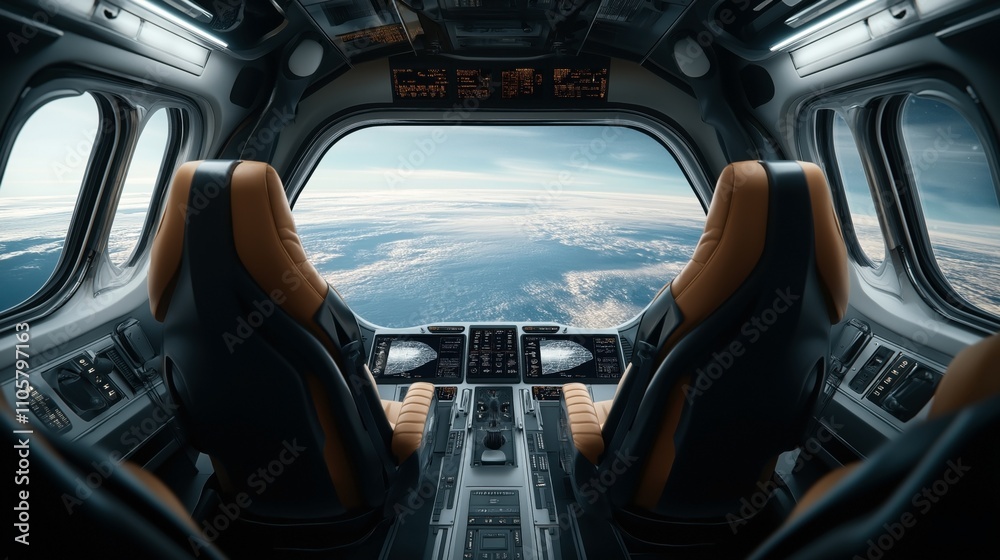 Futuristic spacecraft cockpit interior with advanced control panels and large windows overlooking Earth from space, featuring leather seats and digital displays with illuminated controls. Futuristic spacecraft cockpit interior with advanced control panels and large windows overlooking Earth from space, featuring leather seats and digital displays with illuminated controls.