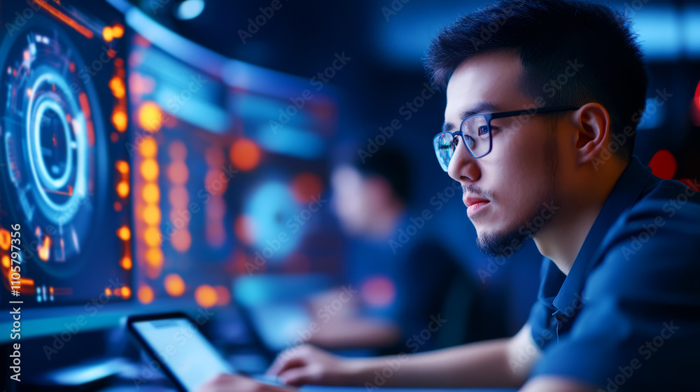 Focused young man working on futuristic technology platform in darkened control room Focused young man working on futuristic technology platform in darkened control room