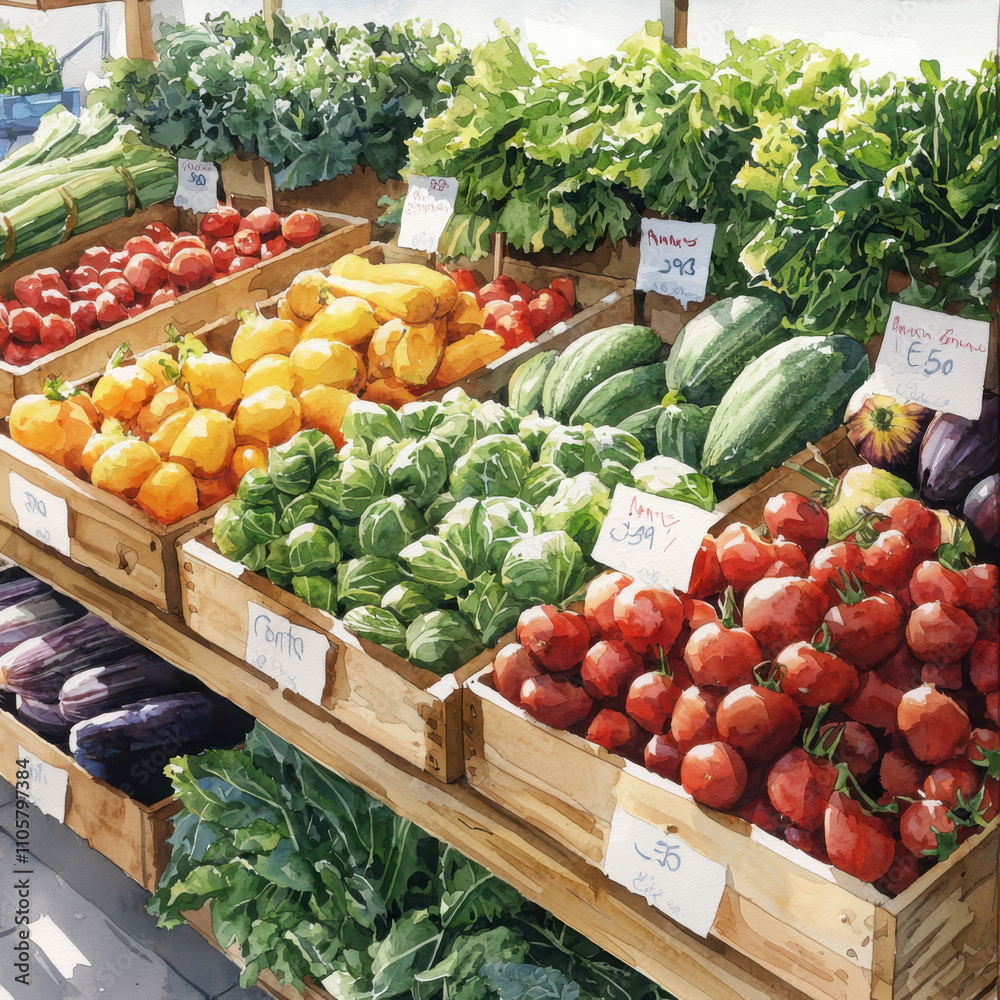 Vibrant vegetable stand displaying fresh produce at rustic italian market watercolor art lively outdoor scene captivating rustic charm Vibrant vegetable stand displaying fresh produce at rustic italian market watercolor art lively outdoor scene captivating rustic charm