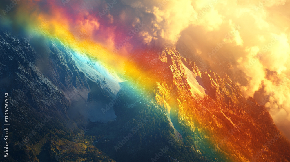 Naklejka premium Majestic Rainbow Over Mountain Peaks at Sunset