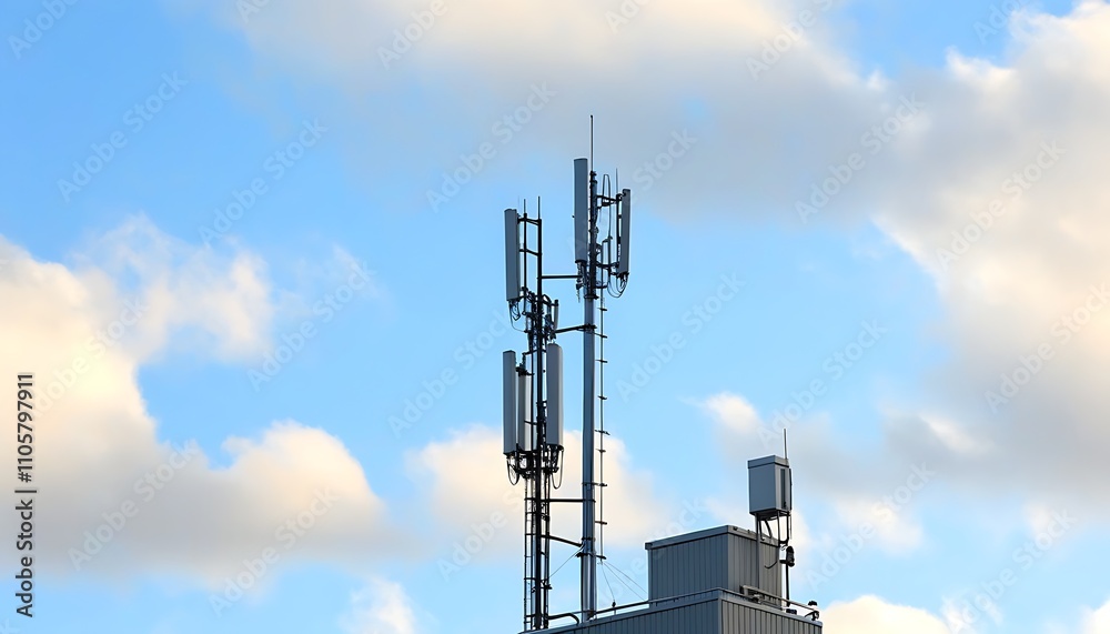 Modern Building Roof with 5G Antenna and Urban Planning Modern Building Roof with 5G Antenna and Urban Planning