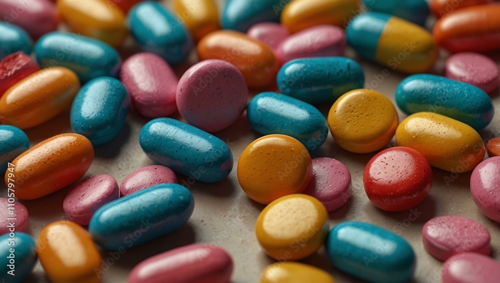 Colorful pills scattered on a light background, evoking a pharmaceutical theme. Colorful pills scattered on a light background, evoking a pharmaceutical theme.