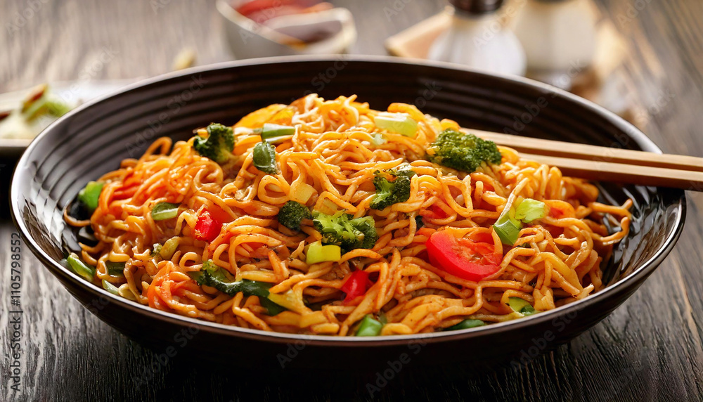 Bowl of chineese noodles with vegetables, restaurant food menu Bowl of chineese noodles with vegetables, restaurant food menu