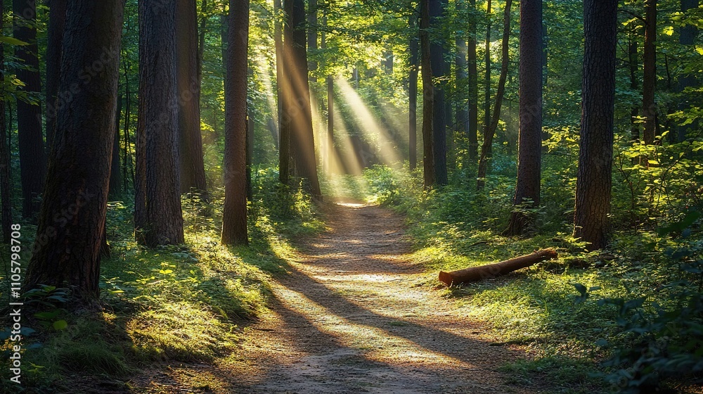 Fototapeta premium Sun rays pierce forest canopy onto serene path.