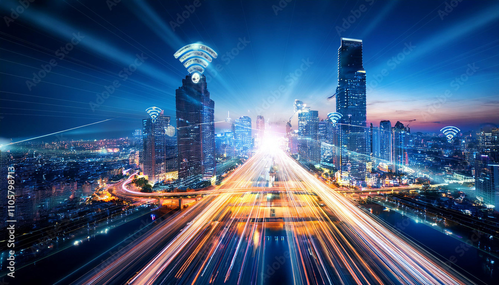 Smart city digital transformation development concept. Band lights over modern Smart city digital transformation development concept. Band lights over modern