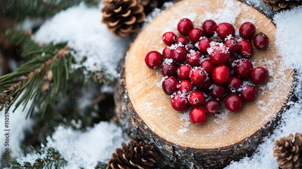 Cranberries arranged on a slice of tree trunk, surrounded by snow and tiny pinecones Cranberries arranged on a slice of tree trunk, surrounded by snow and tiny pinecones