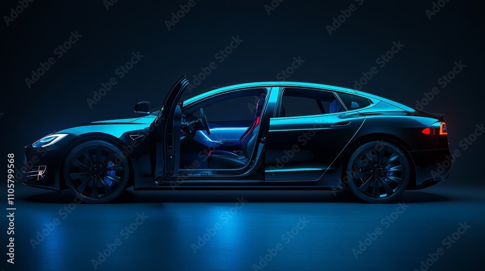 Sleek, modern electric car with open doors in a dark studio setting. Sleek, modern electric car with open doors in a dark studio setting.