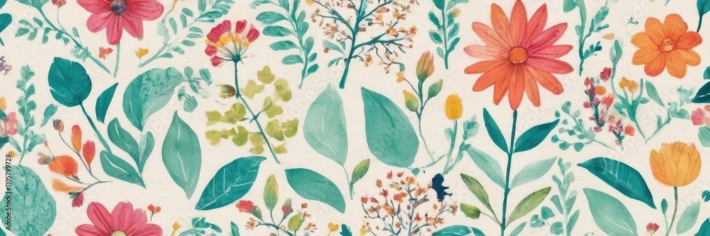 Fototapeta premium a decorative pattern featuring a variety of colorful flowers and leaves. The background is a light cream color, and the floral design includes flowers in shades of pink, orange, and red