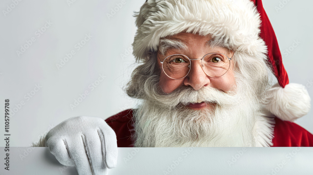 Naklejka premium Santa Claus in red suit and gloves holding blank sign. Concept of Christmas, holiday season, winter celebration, festive occasion. Greeting card, postcard, mockup, invitation, letter. Copy space