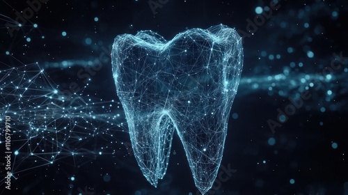 A digital representation of a tooth, showcasing a network of connections and data.