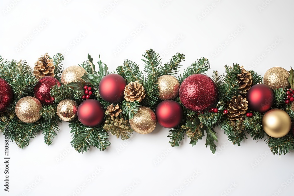 Christmas garland border with red and gold ornaments on white background, festive decoration for holiday season, Christmas celebration. Christmas garland border with red and gold ornaments on white background, festive decoration for holiday season, Christmas celebration.