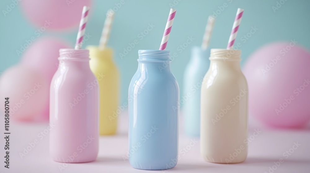 Whimsical Pastel Milk Bottles with Straws in Soft Tones for Refreshing Drinks Whimsical Pastel Milk Bottles with Straws in Soft Tones for Refreshing Drinks