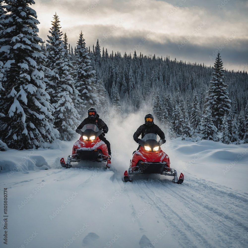 A snowmobile ride through a snowy wilderness with holiday cheer. A snowmobile ride through a snowy wilderness with holiday cheer.