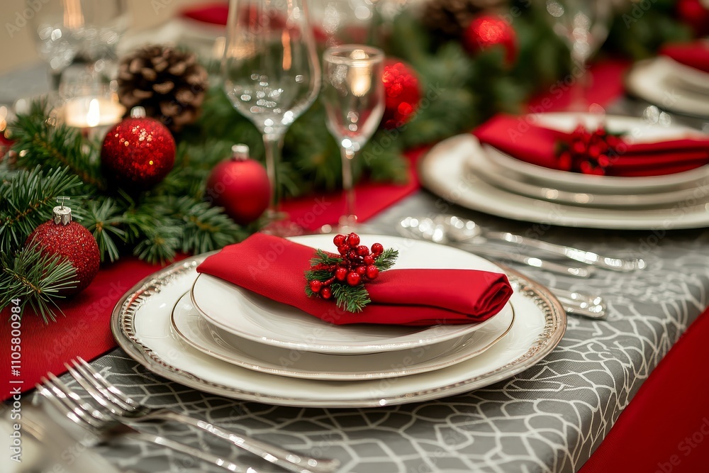 Christmas table setting with red napkins, silverware, white plates, red tablecloth, grey patterned runner, green pine branches, and star decorations. Christmas table setting with red napkins, silverware, white plates, red tablecloth, grey patterned runner, green pine branches, and star decorations.