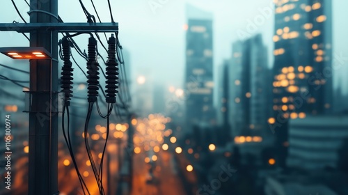 Electrical power lines and utility pole with insulators in focus against a blurred urban city skyline at dusk with illuminated buildings and bokeh street lights.