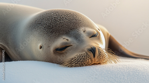 A close-up of a seal resting peacefully on a clean white background photo