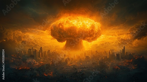 Massive mushroom cloud engulfs city as skyscrapers crumble under devastating shockwave, leaving destruction and chaos in its aftermath photo