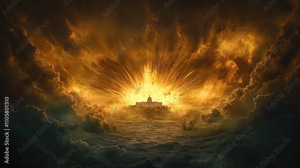 Fototapeta premium Massive explosion erupts, illuminating dark clouds over a distant structure during a dramatic sunrise