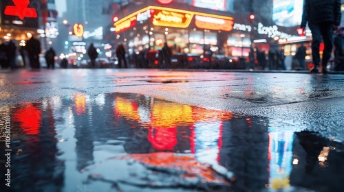 Nighttime urban street scene with reflections of neon lights in rain-soaked pavement, silhouetted pedestrians, and a blurry background of illuminated buildings and traffic.