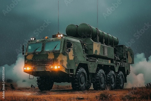 Chinese AR-3 heavy multiple rocket launcher operates in a military exercise during overcast weather conditions photo