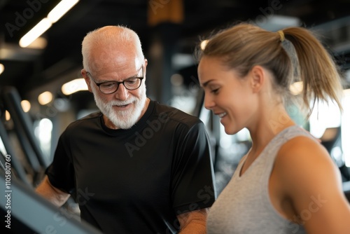 An elderly man cheerfully engages with a young woman in the gym, highlighting the inspiring exchange of knowledge and encouragement across generations amidst their fitness routines. photo