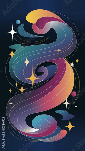 Abstract illustration of a cosmic swirl. Multicolored, flowing lines, stars, and small planets are set against a dark blue background. The artwork has a vertical orientation.