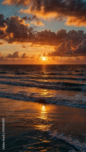 Colorful sunset with clouds and ocean views.