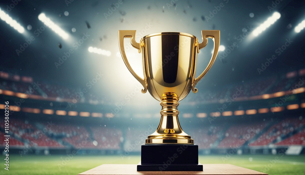 Champion trophy cup with empty stadium lights background, World trophy cup. Generative AI Champion trophy cup with empty stadium lights background, World trophy cup. Generative AI