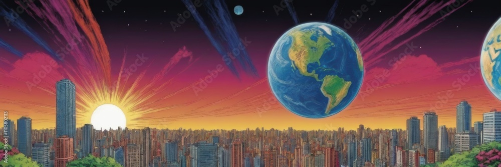 a vibrant and surreal illustration. It depicts a city skyline at sunset with the sun setting behind the buildings, casting a warm orange and pink glow across the sky a vibrant and surreal illustration. It depicts a city skyline at sunset with the sun setting behind the buildings, casting a warm orange and pink glow across the sky