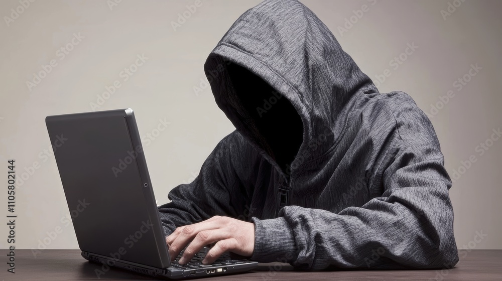 Anonymous Figure in Dark Hoodie Using Laptop in Dimly Lit Room Anonymous Figure in Dark Hoodie Using Laptop in Dimly Lit Room