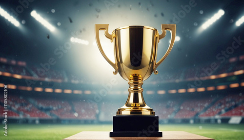 Champion trophy cup with empty stadium lights background, World  trophy cup. Generative AI
