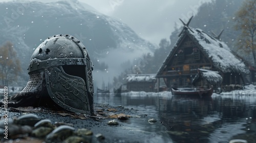 Viking helmet rests by snowy fjord village.